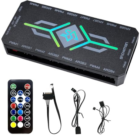 ARGB-PWM Controller Hub, 9 x 5V 3 PIN ARGB, 9 x 4 PIN PWM, 2 in 1 A RGB P WM Lüfter Hub mit Controller (Schwarz)