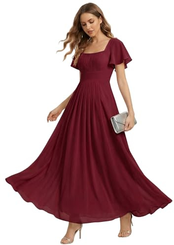 Ever-Pretty Women's Bridesmaid Dress Floor Length Chiffon Square Neck with Natural Waist and Short Sleeves Burgundy 10UK