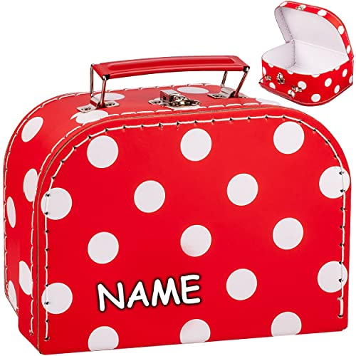 alles-meine.de GmbH 1 Stück Koffer/Kinderkoffer - KLEIN - rot & weiße Punkte - incl. Name - 20 cm - Pappkoffer - Puppenkoffer - Kinder - Pappe Karton - gepunktet/Polka ..