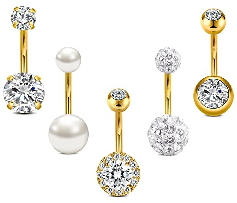 Crdifu 5 pezzi Barre per ombelico in oro 10 mm Acciaio chirurgico Calibro 14 Anelli per ombelico Gioielli da piercing