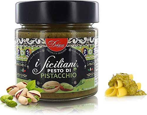 3 x Dolgam Pesto di Pistacchio Pistacho Pesto Pasta de cocina, salsa de pasta ideal para condimentar los primeros platos, 190 g en vidrio de Sicilia con 65% pistachos