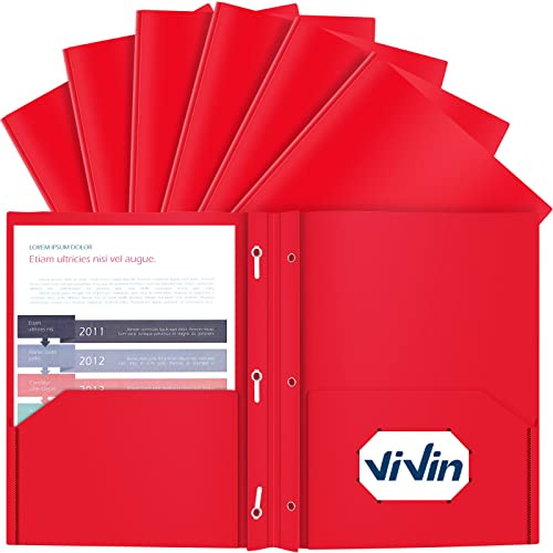 ViVin 12 Pack Plastic Folders with Pockets and Prongs, Heavy Duty 2 Pocket Folders with 3-Prong Fasteners, Poly File Holds 8-1/2 x 11 Paper for School Office Home (Red)