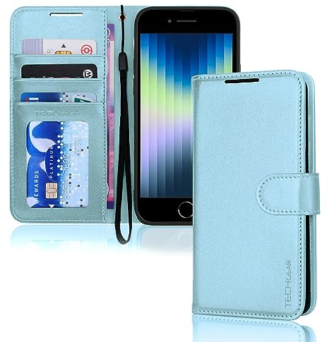 TECHGEAR iPhone SE 2022 5G /2020, iPhone 8/7/6 Leather Wallet Case, Flip Case Cover, Card Holder, Stand, Wrist Strap,Soft Blue PU Leather, Magnetic Closure for iPhone SE 3 / SE 2 /iPhone 8 7 6 6s 4.7