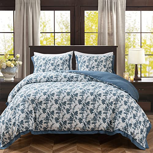 Delien Juego de ropa de cama 200x200, 3 piezas, diseño floral azul y blanco, moderno, juego de sábanas reversibles de microfibra suave, 1 funda nórdica con cremallera y 2 fundas de almohada de 80x80cm