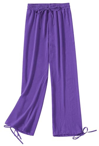 Jamron Donna Taglie Forti Pantaloni a Vita Alta a Gamba Larga Pantaloni Casual Larghi Elasticizzati con Coulisse Viola-1 5XL