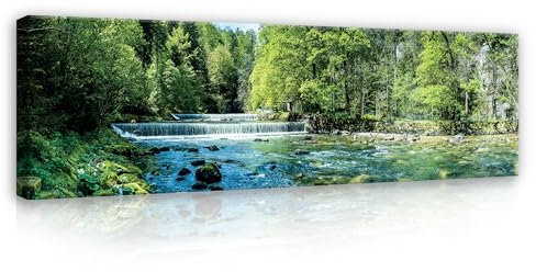 Imágenes de cascada de paisaje natural bosque 145 x 45 cm – moderno panorámico lienzo grande XXL para salón dormitorio impresión mural lienzo listo para colgar