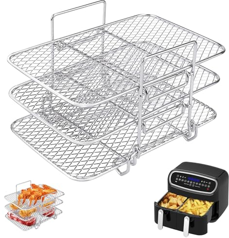 Airfryer Zubehör Grillrost, 304 Edelstahl Heißluftfritteuse Grillrost, Dreilagiges Heißluftfritteuse Grillrost 19 cm Kompatibel Mit Dual Basket Air Fryers (19.3 * 12.3 * 11.5CM)