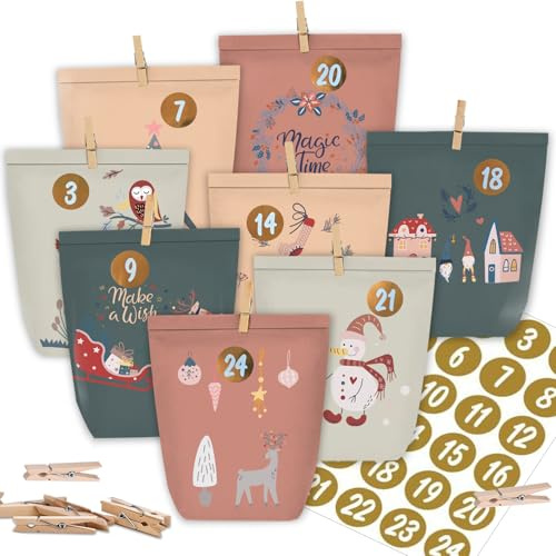 KOHMUI Adventskalender zum Befüllen, 24 Weihnachtstüten zum Selbst Basteln, Weihnachtskalender Papiertüten mit 1-24 Zahlensticker zum Selber Füllen