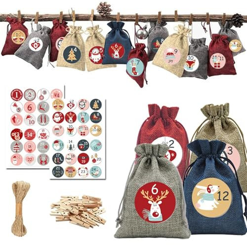 Elepl 24 Piezas Bolsa de Calendario de Adviento DIY Bolsa de Tela para Regalo Navidad con Acortar Pegatinas Digitales Cordel Calendario de Adviento para Rellenar Bolsas de Yute Navideño 4 Colores