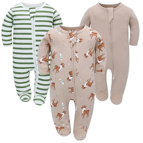 Nyfödd baby pojkar flickor sparkbyxor med fot baby pyjamas en del långa ärmar overall spädbarn vår höst body, 3-pack, Aprikos, 9-12 månader