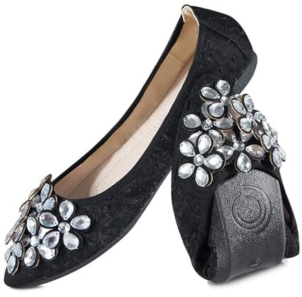 YOUNIFIZ Women's Elastic Foldable Portable Pumps Sparkly Rhinestones Ballet Ballerina Slip On Flats Dolly Shoes (Black-3,Size 5.5)