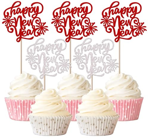 Xsstarmi Cupcake-Topper mit Glitzer-Feuerwerk, Cheers to 2025, Dekoration für Happy New Year 2025, Party-Kuchendekorationen, 24 Stück