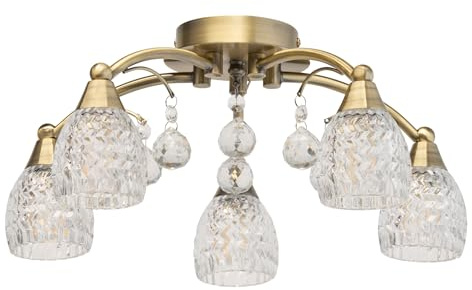 Lighting Supermarket Lismore 5 Light Antique Brass Crystal Drops Semi Flush Ceiling Light with Crystal Glass Shades