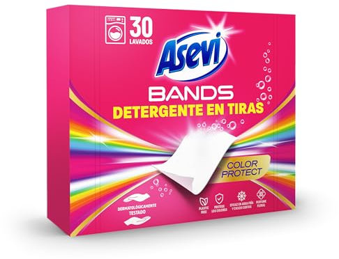 Asevi Bands Detergente en Tiras para Lavadora Color Protect - Detergente Concentrado Hipoalergénico para Ropa Blanca y de Color - Protege los Colores y Deja la Ropa Limpia y Perfumada - 30 Lavados