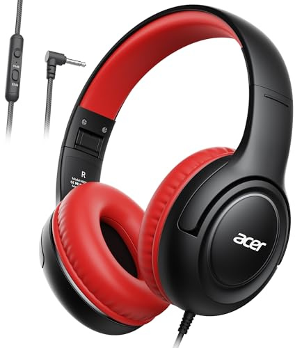 Acer Casque Audio Enfant Filaire, Volume Limité 85/94db, Pliable Réglable | Casque Filaire Enfant Fil 3.5 Mm, pour iPad, Kindle, PC, École, Voyage(Noir Rouge)