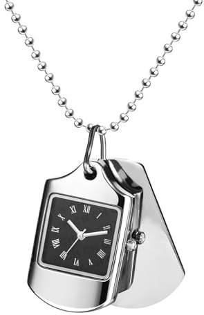 JewelryWe Taschenuhr Halskette mit Uhr und Erkennungsmarke: Silber Analog Quarz Kettenuhr Römische Ziffern Rechteckige Militär Uhr Hundemarke Dog Tag Anhänger Soldaten Kette für Herren Damen