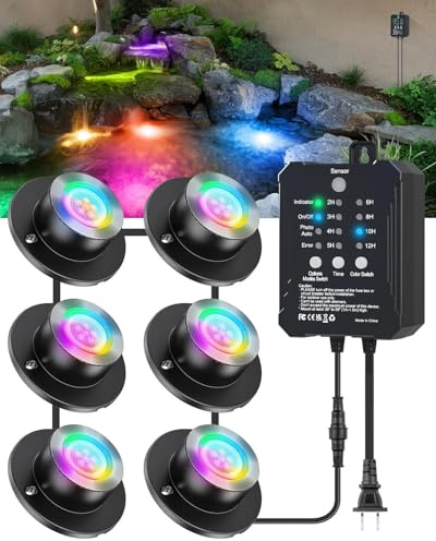 HIBOITEC LED Pond Lights, RGB Underwater Fountain Light with 12V Timer Transformer, Photocell Light Sensor, IP68 Waterproof Outdoor Underwater Lights for Outdoor Ponds Garden, 6 Pack