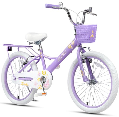 Glerc 20 Zoll Mädchen-Kinderfahrrad für Kinder von 7 8 9 10 11 12 13 Jahren mit Fahrradständer, Hinterem Gepäckträger und Korb, Lila