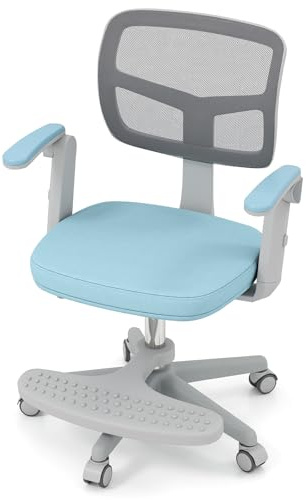 GYMAX Kids Desk Chair, Height Adjustable Children Swivel Chair with Armrests, Lockable Wheels & Removable Seat Cushion, Child Study Chair for Girls Boys (with Footrest, Blue)
