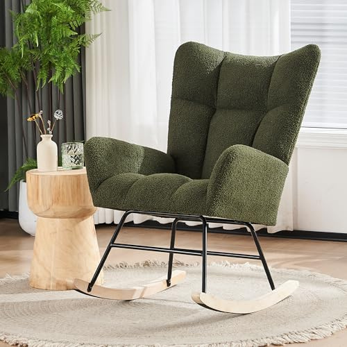 A ALFRESCOOL Schaukelstuhl Wohnzimmer mit Hoher Rückenlehne und Armlehnen, Schaukelsessel, Lesesessel, Relaxsessel, Fernsehsessel, Geeignet für Wohnzimmer, Schlafzimmer und Innenhöfe(Grün)