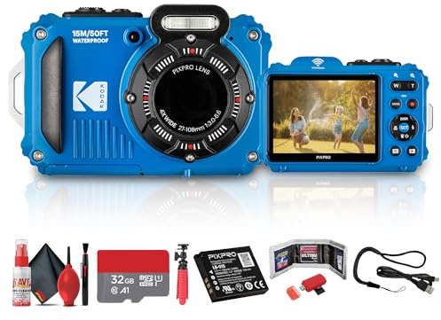 Kodak PIXPRO WPZ2 Digitalkamera (Blau) | Wasserdichte, stoßfeste & staubdichte Kamera mit 16MP Sensor, 1080p Video & 4X optischem Zoom | für Reisen & Outdoor + 32GB Karte + Vlogger Stativ + mehr