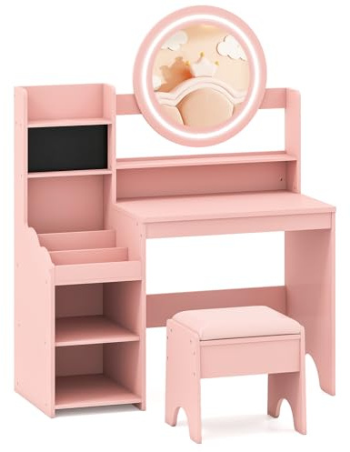 COSTWAY Toeletta Trucco per Bambina con Sgabello, Set Tavolo Trucco in Legno con Specchio Luci LED, Scaffale Aperta, Spazi per Annelli e Sgabello Imbottito, Mobile da Principessa per 3+ Anni (Rosa)