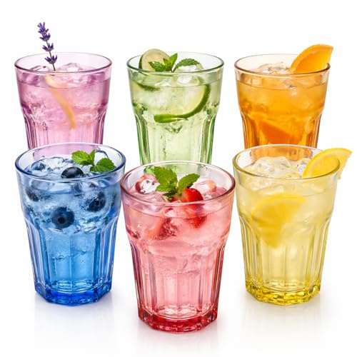 TIENDA EURASIA – Pack 6 Vasos de Cristal 360 ml | Colores Surtidos | Vasos Apilables | Resistentes y Aptos para Uso Diario | Ideales para Agua, Refrescos y Cócteles (Clásico)