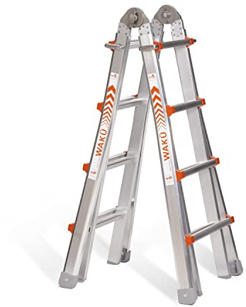WAKÜ Teleskopleiter 4x4 Sprossen Art.-Nr. 101 - Aluminium Leiter Made in Germany - Mehrzweckleiter höhenverstellbar - klein im Transport - erleichtert die Arbeit 1,29 M - 4,20 M