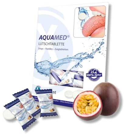 miradent AQUAMED® Lutschtablette 26 Stück, 60 g gegen Mundtrockenheit | mit Xylit gesüßt | fruchtig erfrischender Passionsfrucht-Geschmack | erhält Feuchtigkeitsniveau