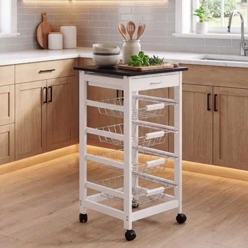 Home Discount Chef Vida Chef Vida 4 Tier Kitchen Trolley Cart Storage Baskets Drawer, White