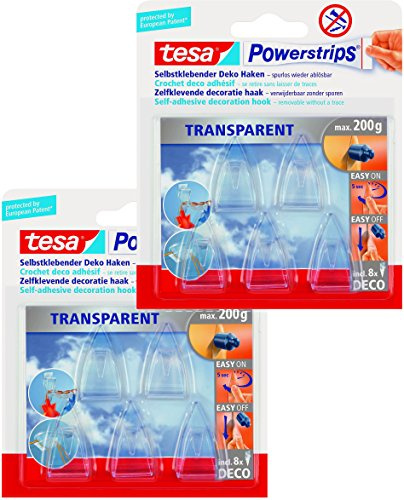 tesa Powerstrips Deco-Haken, transparent, für max. 200g, 2 Packung mit gesamt 10 Haken