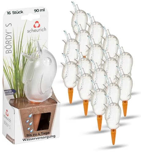 Scheurich Wasserspender S Bördy | 16 x Klar | 90ml Füllmenge | Bewässerungskugel klein mit Ton Fuß | Wasserspender Pflanzen und Blumen Terrakotta Stiel