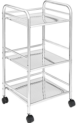 BAKAJI Carrello Portaoggetti in Acciaio Cromato per Bagno Cucina Parrucchiere o Estetista 4 Ruote Girevoli, 3 Ripiani, Dimensioni 40 x 35 x 75cm, Carrellino Multifunzione 3 livelli (Acciaio)