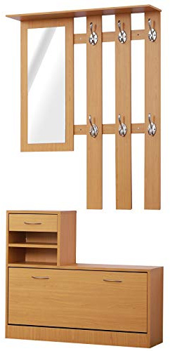 HOMCOM Conjunto de Recibidor de Entrada Espejo Zapatero Perchero Marrón | Muebles de Recibidor 2 Piezas, 6 Ganchos, Estante, Cajón, para Pasillo