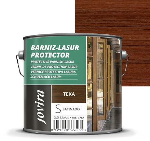 JOVIRA PINTURAS. BARNIZ LASUR PROTECTOR SATINADO (7 colores) Protege, decora y embellece todo tipo de madera (2,3 Litros, Teka) D-03