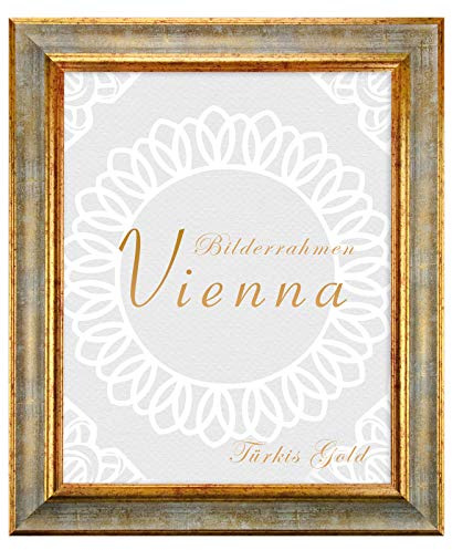 Birapa Vintage Bilderrahmen Türkis Gold 20x30 cm Holzrahmen mit Zierleiste innen und außen, Fotorahmen
