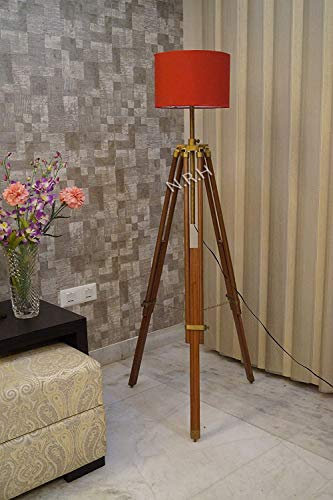Lampadaire à trépied en bois avec abat-jour décoratif pour salon