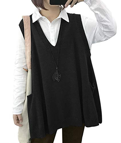 YESNO Women Loose Swing Chunky V-Neck Sweater Vests Oversized Knit Sleeveless Jumpers with Cute Drop Pockets M WM9UK Black
