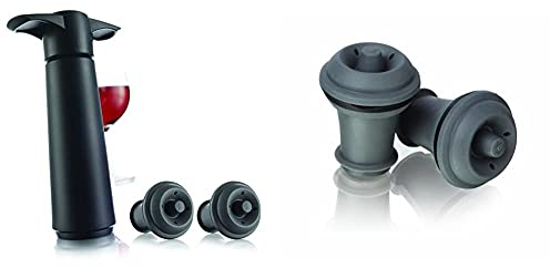 Vacu Vin 09814606 Weinpumpe schwarz mit 2 Stopfen & 08840612 Vakuum Stopfen für Weinpumpe 2er Set grau