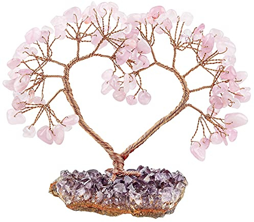 mookaitedecor Love Heart Crystal Tree with Amethyst Cluster Crystal Base | Heart Shaped Money Tree Figurine, Feng Shui Love Romantic Ornament Decor for Wedding, Rose Quartz