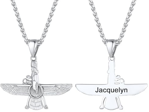 U7 Anhänger für Herren Damen Halskette Edelstahl Kette mit Faravahar Anhänger Zoroastrismus Kette Gravur Farohar Forouhar Anhänger mit Weizenkette/Rolokette Iranische Persische Accessoire Modeschmuck