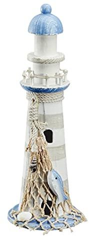 Meinposten Leuchtturm Holz blau weiß Deko mit Muscheln & Netz Dekoration Strand Meer Maritim (Höhe 30 cm, blau-weiß)