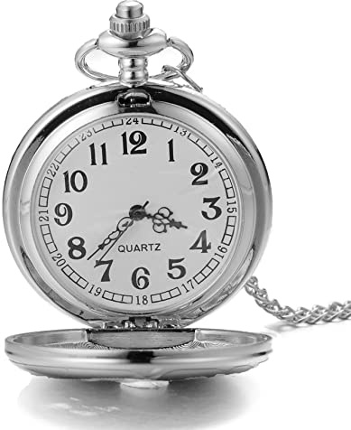 Halukakah Herren Taschenuhr mit Kette Quarz Vintages Römische Ziffernskala Glatte Oberfläche, mit 2 Ketten Set Taschenkette+Halskette, KOSTENLOSE Geschenkbox