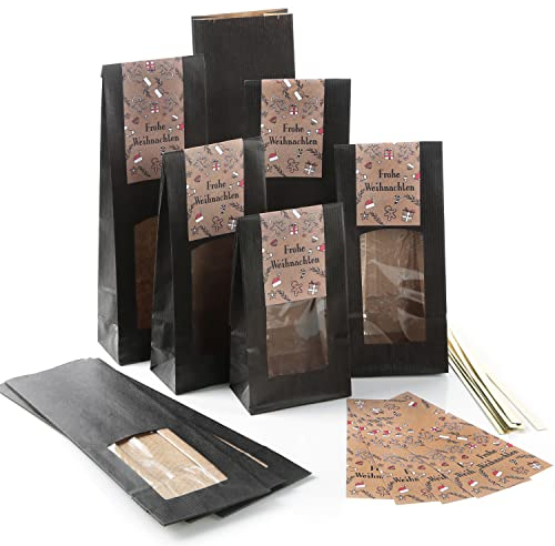 Logbuch-Verlag 10 schwarze Blockbodenbeutel mit Sichtfenster + Weihnachtsaufkleber FROHE WEIHNACHTEN braun - Verpackung Plätzchen