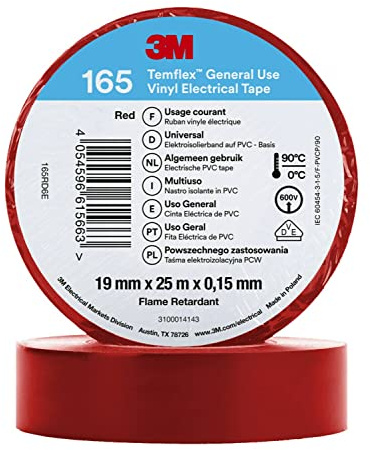 3M Temflex™ Vinyl-Isolierband 165, Rot, 19 mm x 25 m, 10 Rollen