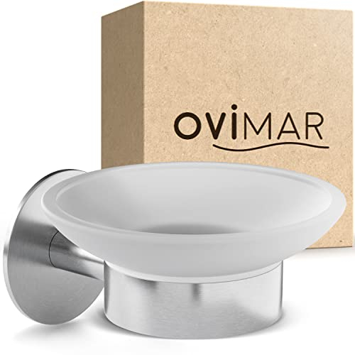 ovimar Seifenschale Kronborg | mit Halter für die Wandmontage | Edelstahl | Silber | ohne Bohren | herausnehmbares Glas für das Bad oder auch die Küche als Seifenablage zur Aufbewahrung