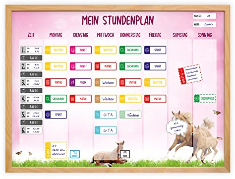 magnetischer Stundenplan Pferde rosa mit 90 Magneten und Stift - abwischbar Wochenplaner Schule - ca. 40 x 30 cm