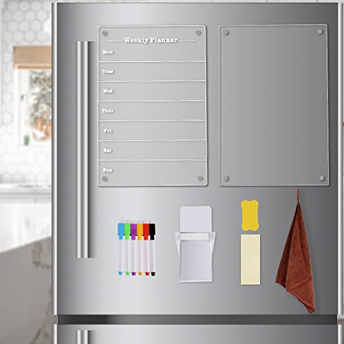 AIEX 2pcs Weekly Meal Planner Magnetic Acrylic Board for Fridge, 13x9'' Clear Weekly Calendar, Magnetic Dry Erase Menu Board with Dry Erase Markers Cleaning Towel Pen Holder for Refrigerator
