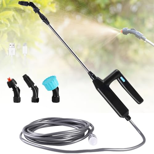 DOUBFIVSY Elektrischer Drucksprüher, Pflanzensprüher Gartensprüher Sprühlanze mit 3 Düsen und 5m Schlauch, Wiederaufladbare USB, Sprühgerät für den Pflanzenschutz für Garten Jäten(7.2V Sprühlanze)