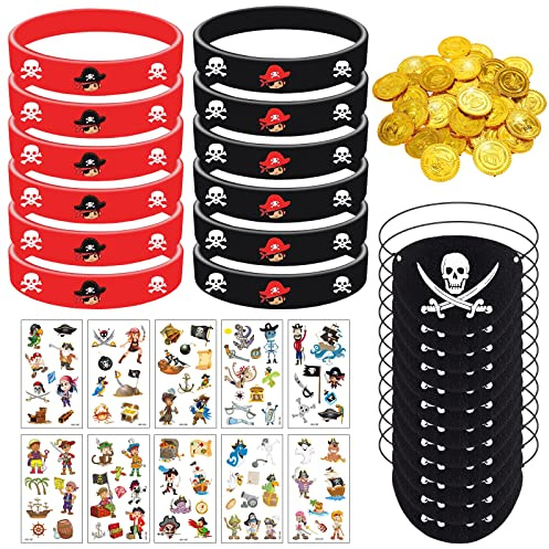 JOKILY Piraten Party Mitgebsel, 58/70 Stück Piraten Kindergeburtstag Mitgebsel mit Silikonarmband Piraten Augenklappe Piratenmünzen Tattoos, Piraten Kostüm Zubehör für Piraten Party Kindergeburtstag